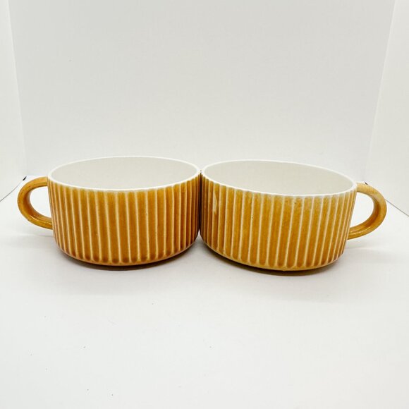 Vtg 70s Ceramic Soup Mug Set Secla Portugal Ribbed Bowl Handle Yellow MCM RARE - Picture 2 of 11